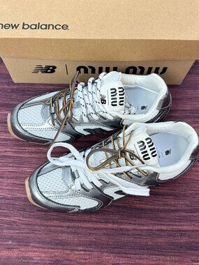 Miu Miu x New Balance Silver and White Retro Running Shoes